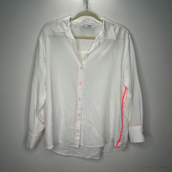 Zara Off White Hot Pink Stitching Button Down Long Sleeve Collared Shirt Large - Picture 2 of 10